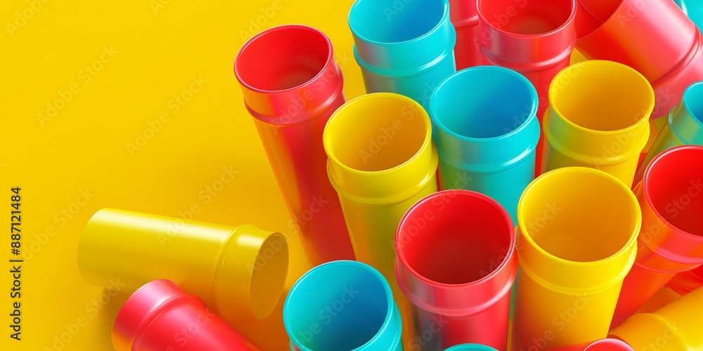 A scattered group of bright, colorful open tubes laying on a yellow ground, conveying chaos and playfulness in design. A scattered group of bright, colorful open tubes laying on a yellow ground, conveying chaos and playfulness in design.