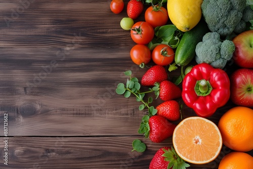Fototapeta Naklejka Na Ścianę i Meble -  A vibrant collection of fresh vegetables and fruits including tomatoes, strawberries, oranges, and more displayed on wood.