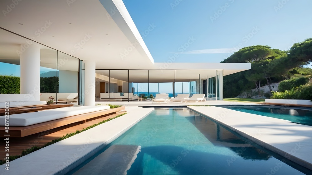 Fototapeta premium A beautiful white villa with a large lawn and swimming pool