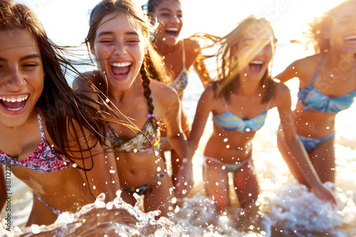 Excited Friends Splashing in the Ocean