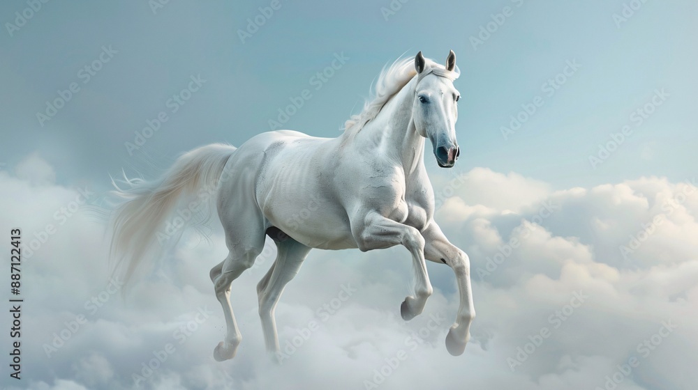 Obraz premium A graceful white horse galloping with mane flowing.