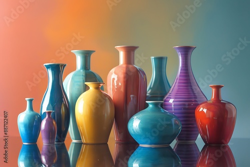 A set of colorful ceramic vases on a reflective surface, with a gradient background transitioning from light to dark.