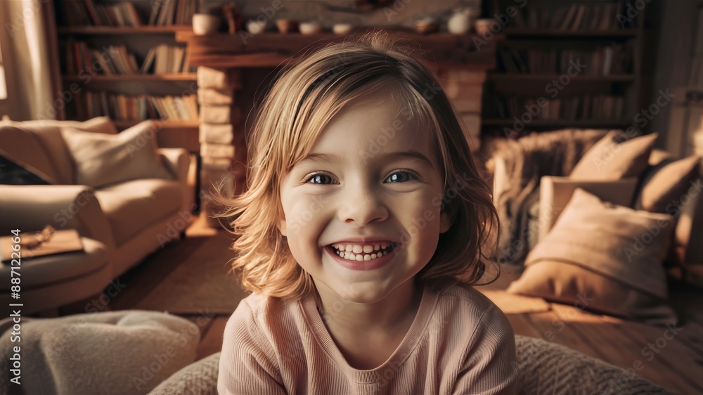 Portrait of a child girl who smiles against the backdrop of a bright room. Portrait advertising photography. AI generation
Portrait of a child girl who smiles against the backdrop of a bright room. Portrait advertising photography. AI generation