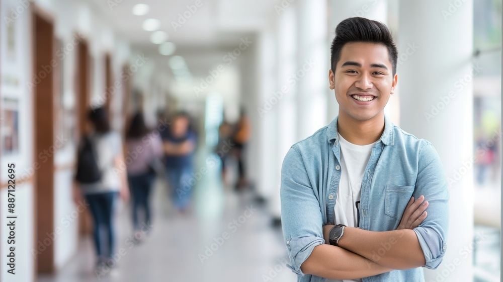 Obraz premium Confident Filipino Male Student Standing in Academic Hallway, Perfect for Education and Studythemed Designs