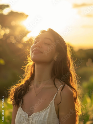 Relaxing beautiful young woman enjoying sunny weather outdoors with sun rays vertical 