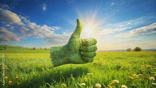 Eco friendly, bio, no waste, zero pollution, pesticide free agriculture or/and biofuel concept. 3d rendering of thumbs up icon on fresh spring meadow with blue sky in background. photo