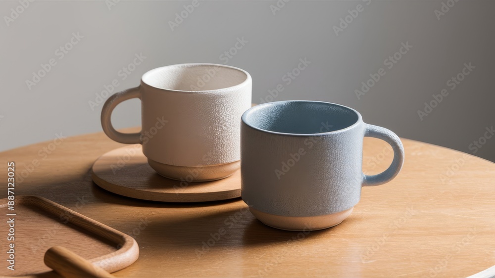 Two blue and white ceramic cups on a wooden tabletop on a gray background. Minimalism. Object shooting. AI generation Two blue and white ceramic cups on a wooden tabletop on a gray background. Minimalism. Object shooting. AI generation