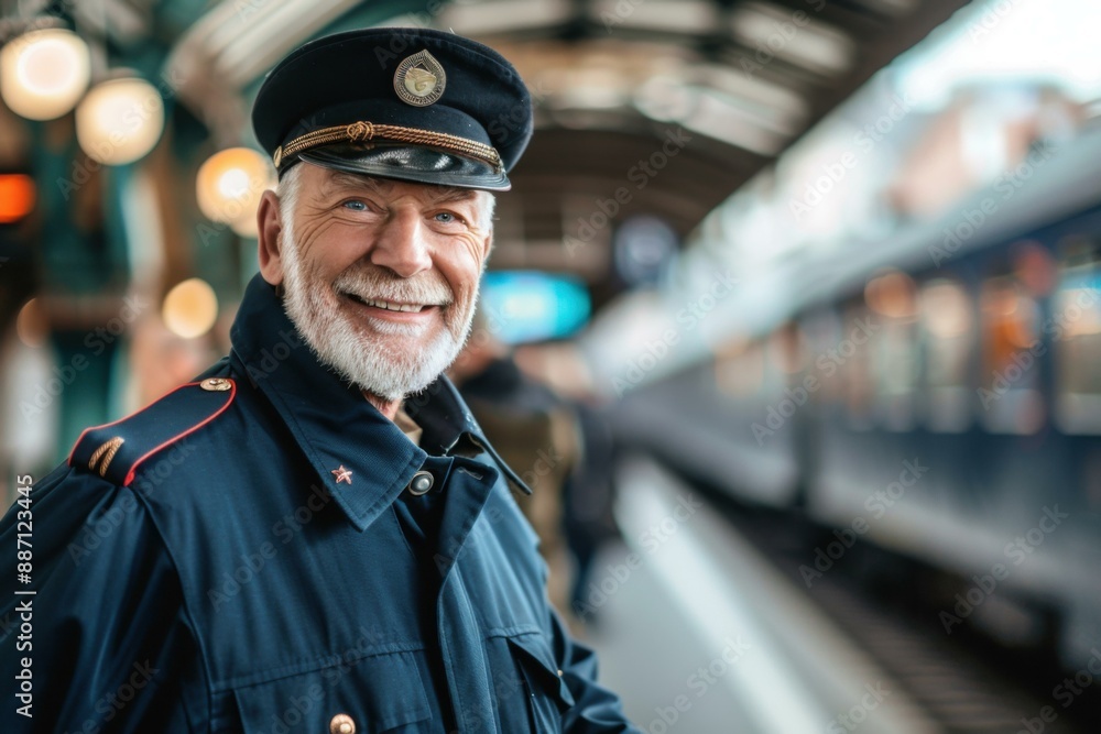 Smiling Senior Train Conductor in Blue Uniform at Railway Station Smiling Senior Train Conductor in Blue Uniform at Railway Station