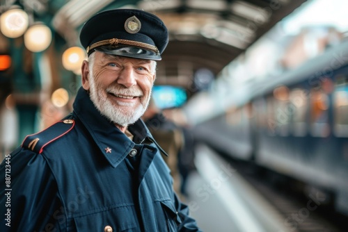 Smiling Senior Train Conductor in Blue Uniform at Railway Station