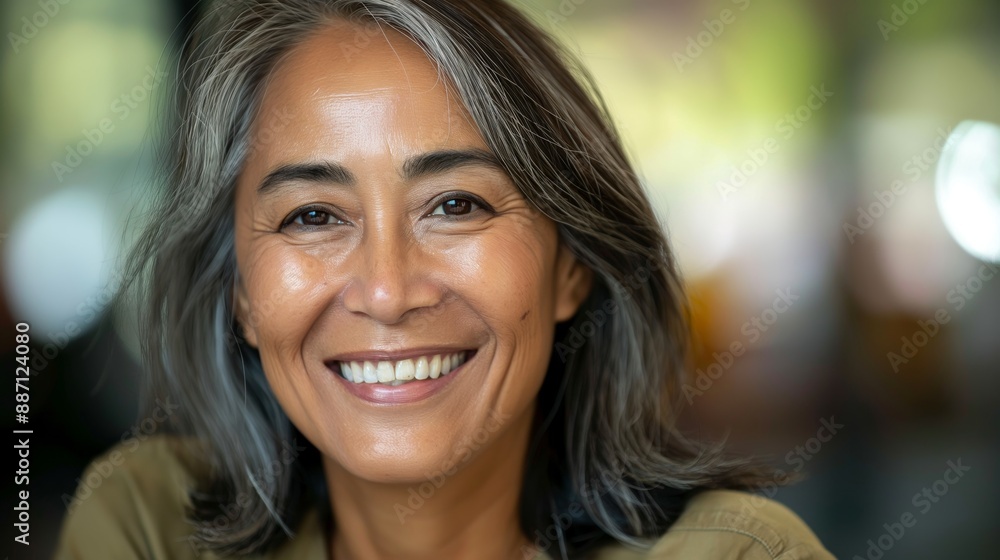 Radiant Smile of a Diverse MiddleAged Woman Indoors with Natural Lighting for Health and Happiness Themes Radiant Smile of a Diverse MiddleAged Woman Indoors with Natural Lighting for Health and Happiness Themes