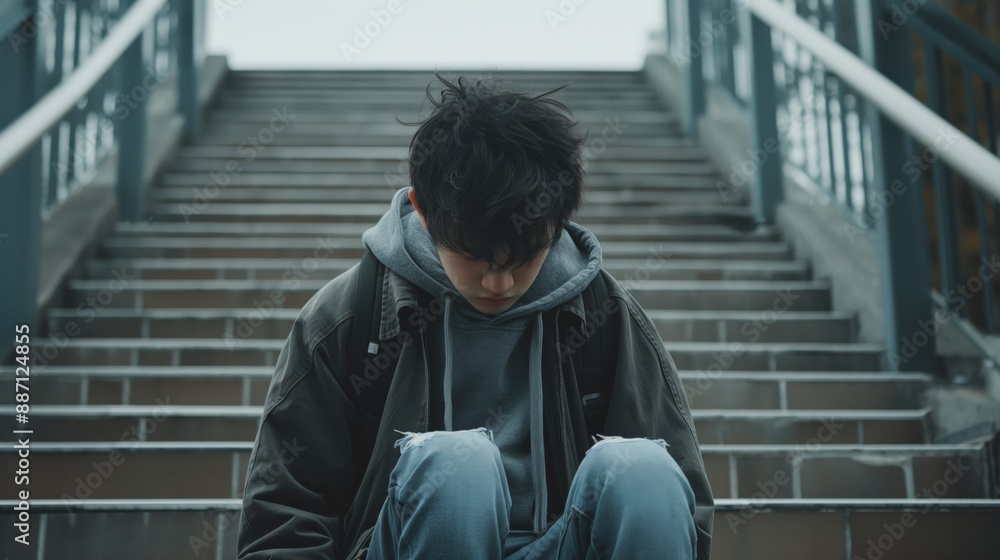 Lonely Chinese Teenager Sitting on Outdoor Staircase, Urban Solitude, Contemplative Mood, Ethnic Diversity Concept for Stock Photography Lonely Chinese Teenager Sitting on Outdoor Staircase, Urban Solitude, Contemplative Mood, Ethnic Diversity Concept for Stock Photography