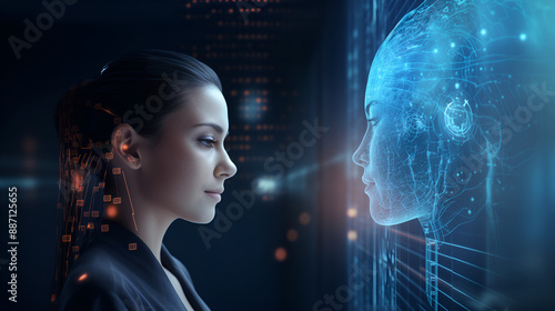 Woman facing digital AI hologram in futuristic interface