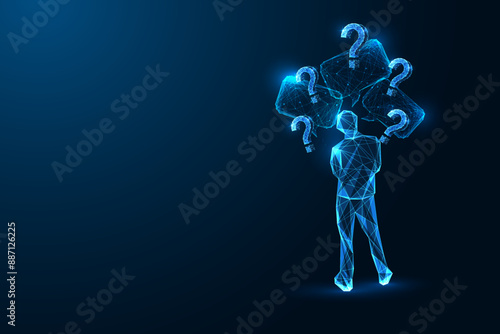 Overthinking, contemplation, mental overload futuristic concept with man and thoughts and questions