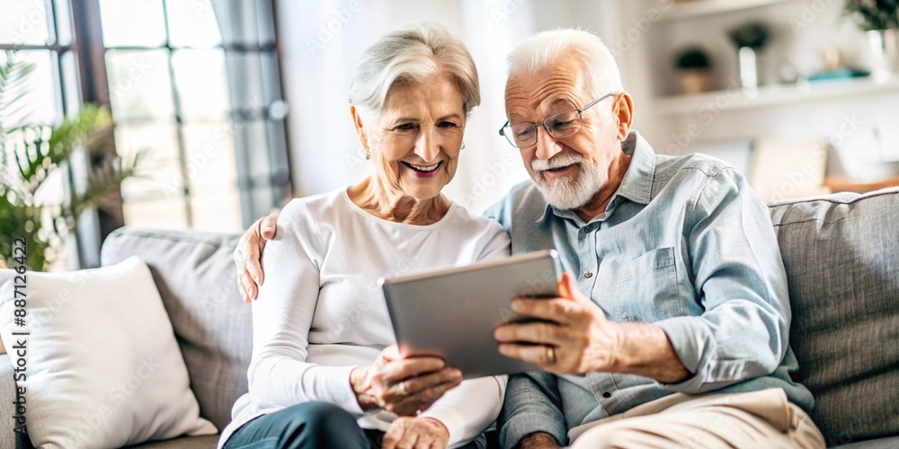 A heartwarming scene captures the essence of modern aging, as an elderly couple shares a moment of joy while exploring the digital world together on a tablet. A heartwarming scene captures the essence of modern aging, as an elderly couple shares a moment of joy while exploring the digital world together on a tablet.