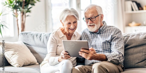  A heartwarming scene captures the essence of modern aging, as an elderly couple shares a moment of joy while exploring the digital world together on a tablet.