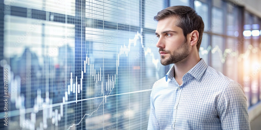 Fototapeta premium Analyzing Digital Financial Trends. A focused young professional examines real-time stock market data on a transparent digital screen.