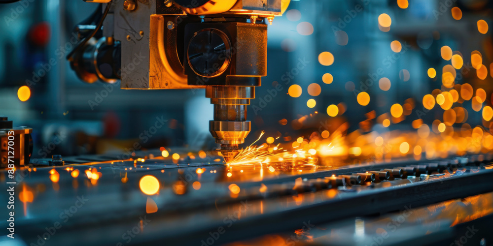 An industrial machine emitting sparks during operation in a factory setting, showcasing the manufacturing process with high energy. An industrial machine emitting sparks during operation in a factory setting, showcasing the manufacturing process with high energy.