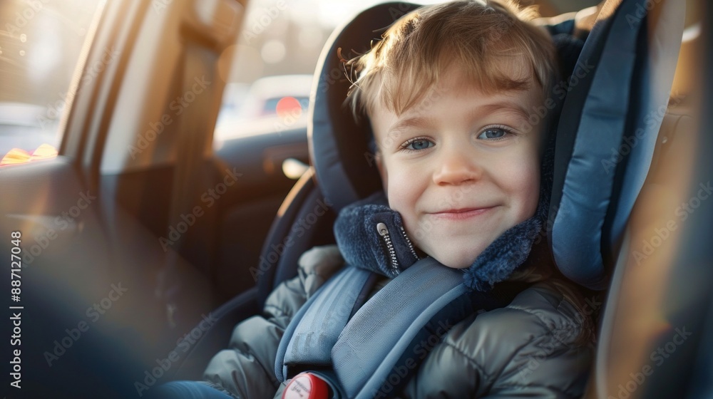 A young boy smiles brightly as he sits securely in a car seat, looking out the window with anticipation A young boy smiles brightly as he sits securely in a car seat, looking out the window with anticipation