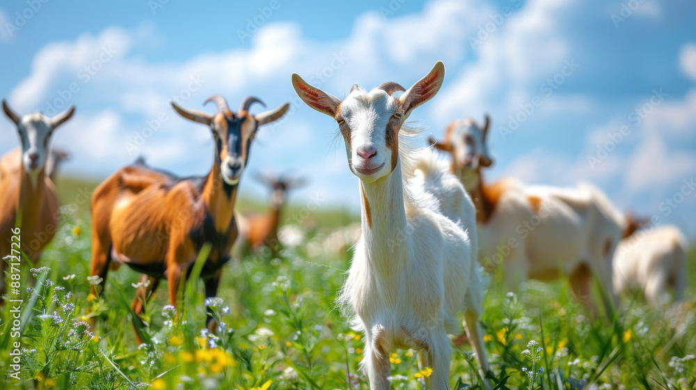 A group of goats grazing in a sunny meadow with wildflowers, set against a bright blue sky with fluffy clouds. A group of goats grazing in a sunny meadow with wildflowers, set against a bright blue sky with fluffy clouds.