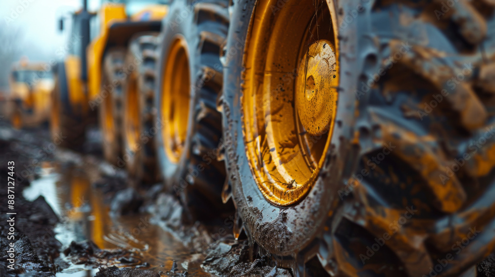 Close-up view of large muddy tractor tires on a farm, highlighting ruggedness and agricultural machinery in action. Close-up view of large muddy tractor tires on a farm, highlighting ruggedness and agricultural machinery in action.