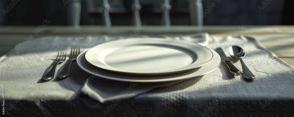 Obraz premium Elegant table setting with a plate, knife, and fork on a napkin.