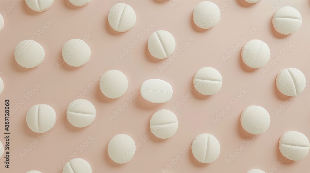 Simple medical idea a collection of identical white pills and one distinctive pill on a soft background Top down view Simple medical idea a collection of identical white pills and one distinctive pill on a soft background Top down view