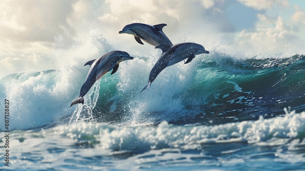 Obraz premium Dolphins having fun while jumping over surf.