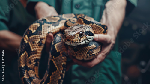 Veterinarian holding a large snake