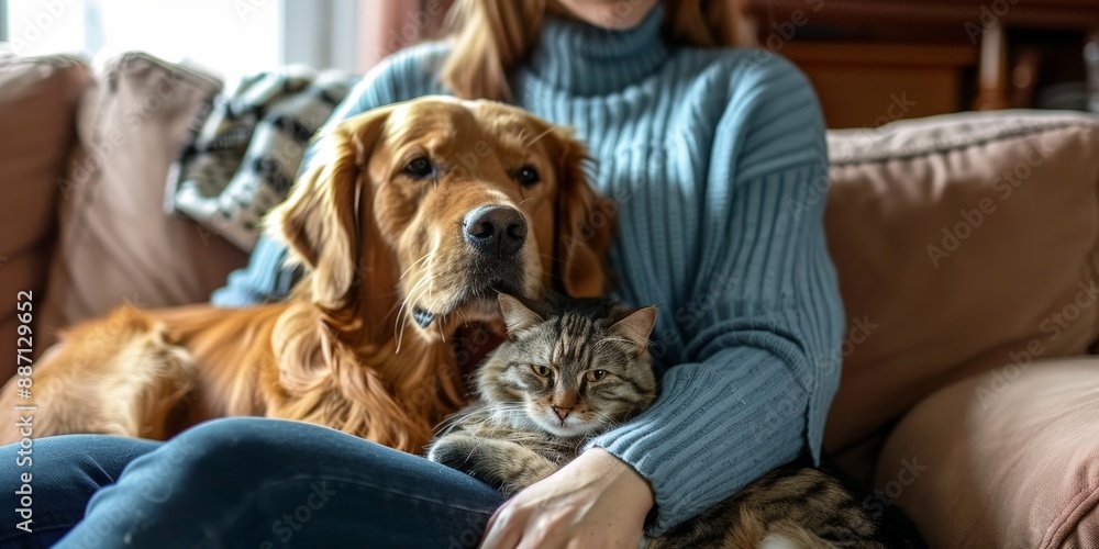 A woman enjoys the company of her furry friends, a golden retriever and a cat. A woman enjoys the company of her furry friends, a golden retriever and a cat.
