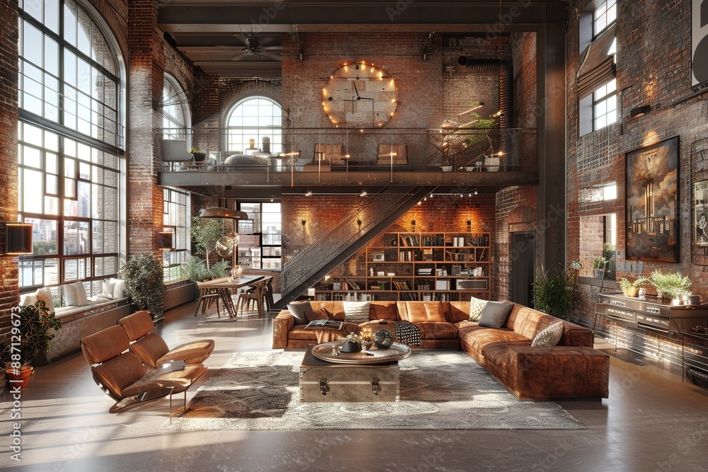 Contemporary Loft Living with an open-plan layout, exposed brick walls, industrial lighting, and sleek, modern furnishings. Loft-inspired home decor. Contemporary Loft Living with an open-plan layout, exposed brick walls, industrial lighting, and sleek, modern furnishings. Loft-inspired home decor.