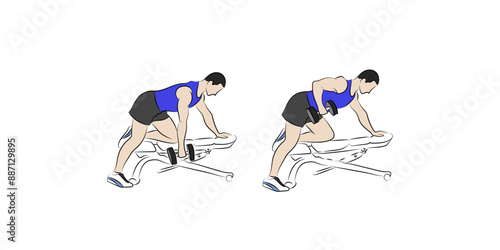 Hand drawn vector illustration showing correct one arm dumbbell row supported on bench. Fitness training technique with proper form isolated on white background.