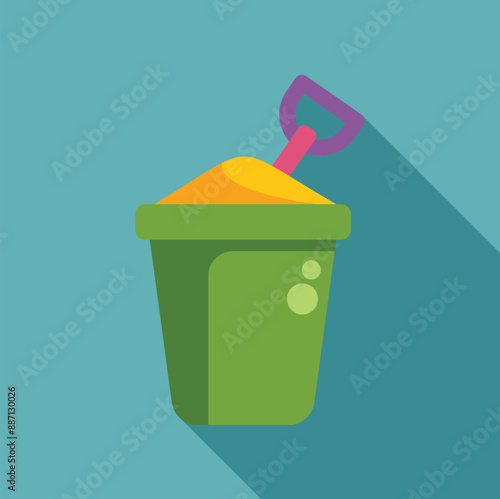 Simple illustration of a green bucket filled with sand and a purple shovel, perfect for representing summer fun and childhood memories