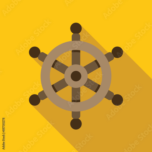 Ship steering wheel navigating on a yellow background with a long shadow
