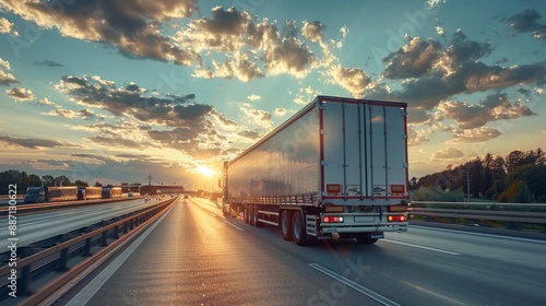 a truck driving down the highway carrying merchandise. A loaded truck is driving on the highway carrying goods