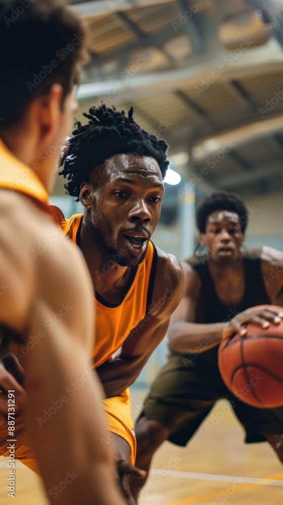 A basketball player with dreadlocks intently watches the ball as he prepares to make his move