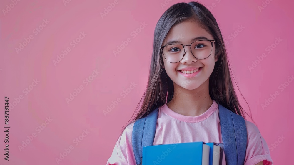 Fototapeta premium Portrait of Smiling Asian School Girl with Glasses and Backpack Holding Books on Pink Background