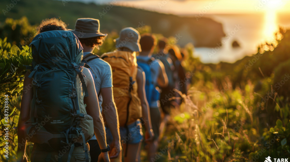 Group of hikers walking along a trail at sunset, with a scenic view of the coastline and surrounding landscape. Group of hikers walking along a trail at sunset, with a scenic view of the coastline and surrounding landscape.