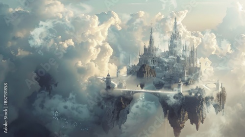 A large, white city rests on a series of rocky islands, suspended above a sea of clouds.