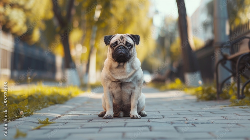 A curious tan pug sits on a path with fallen leaves, looking at the camera. The blurred background shows a sunny park on an autumn day. đđâïž A curious tan pug sits on a path with fallen leaves, looking at the camera. The blurred background shows a sunny park on an autumn day. đđâïž