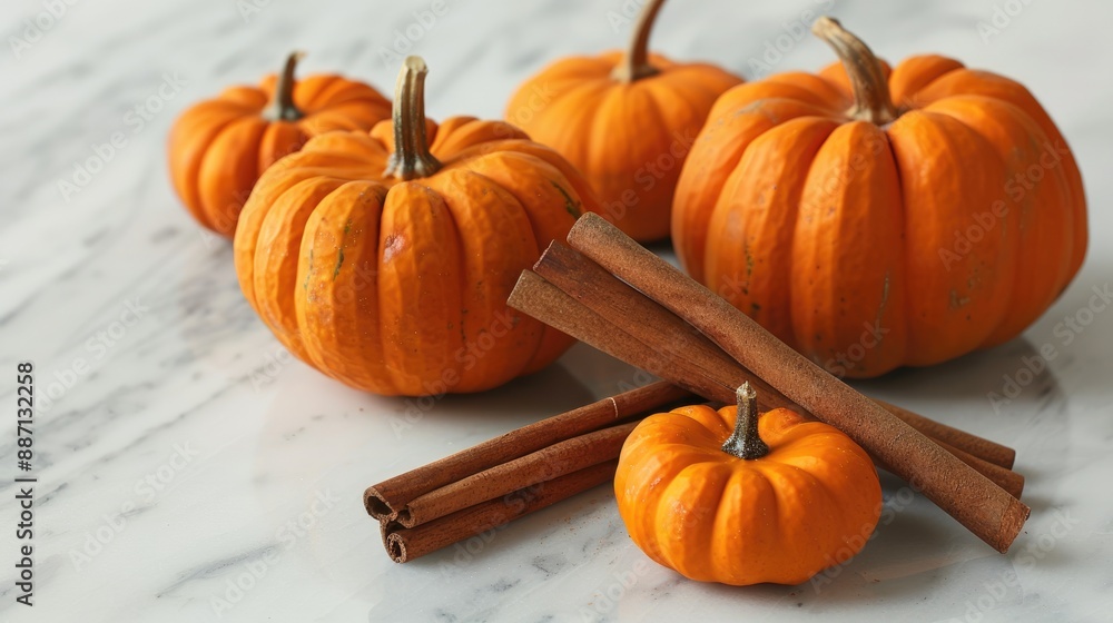 Pumpkins and cinnamon sticks on marble surface Pumpkins and cinnamon sticks on marble surface