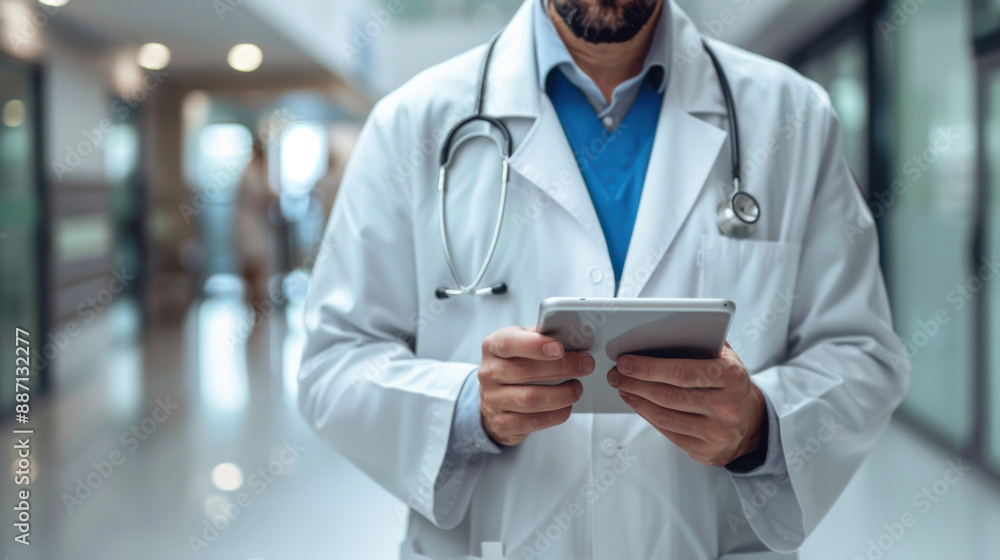 A male doctor in a white coat using a digital tablet in a hospital hallway, focused on patient information or medical records. A male doctor in a white coat using a digital tablet in a hospital hallway, focused on patient information or medical records.