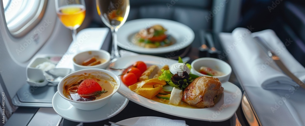 An Entrýe Of A Three-Course In-Flight Meal On A Flight From Sydney To Kuala Lumpur, Showcasing Luxury And Enjoyment An Entrýe Of A Three-Course In-Flight Meal On A Flight From Sydney To Kuala Lumpur, Showcasing Luxury And Enjoyment