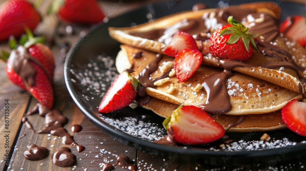 Pancakes with chocolate nutella filling decorated with strawberries toning selective focus Pancakes with chocolate nutella filling decorated with strawberries toning selective focus