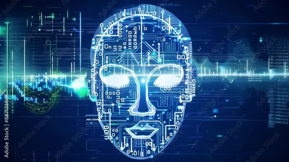 A digital face, made of electronic circuitry and glowing lines, against a dark blue background. A digital face, made of electronic circuitry and glowing lines, against a dark blue background.