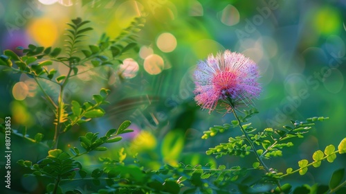 Beautiful Mimosa pudica flower or Touch me not or sensitive plant grow in the middle of a bush or grass photo