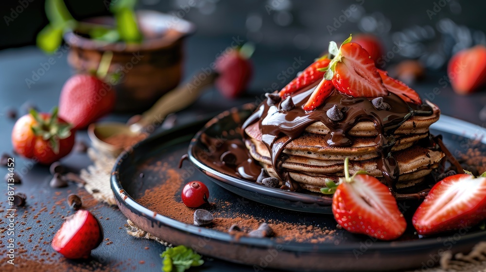 Pancakes with chocolate nutella filling decorated with strawberries toning selective focus Pancakes with chocolate nutella filling decorated with strawberries toning selective focus