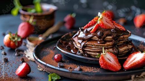 Pancakes with chocolate nutella filling decorated with strawberries toning selective focus