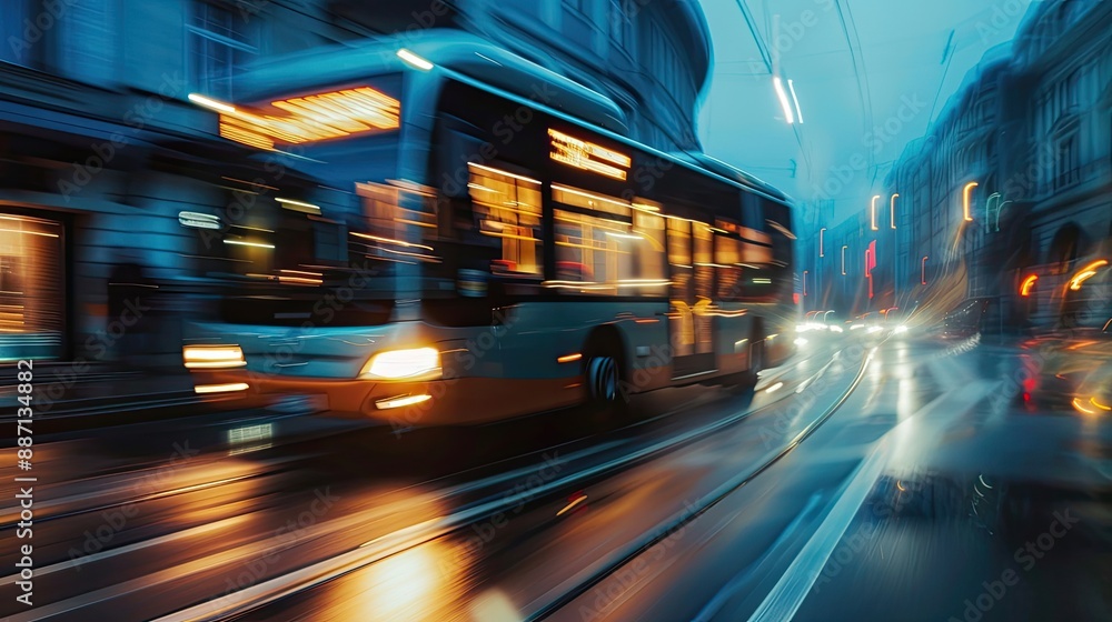 A blurred bus moves down the street in the evening A blurred bus moves down the street in the evening