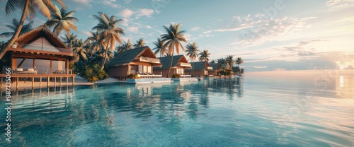 Maldives Tropical Landscape With Long Overwater Villas, Showcasing Paradise And Luxury