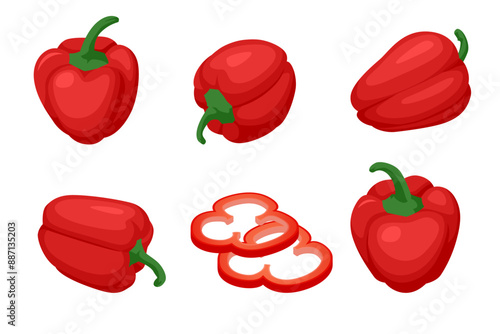 Isometric red bell peppers are fresh vegetables commonly used in salads. They add crunch, and a mild, sweet flavour to dishes. Red pepper is a vibrant vegetable used in cooking.